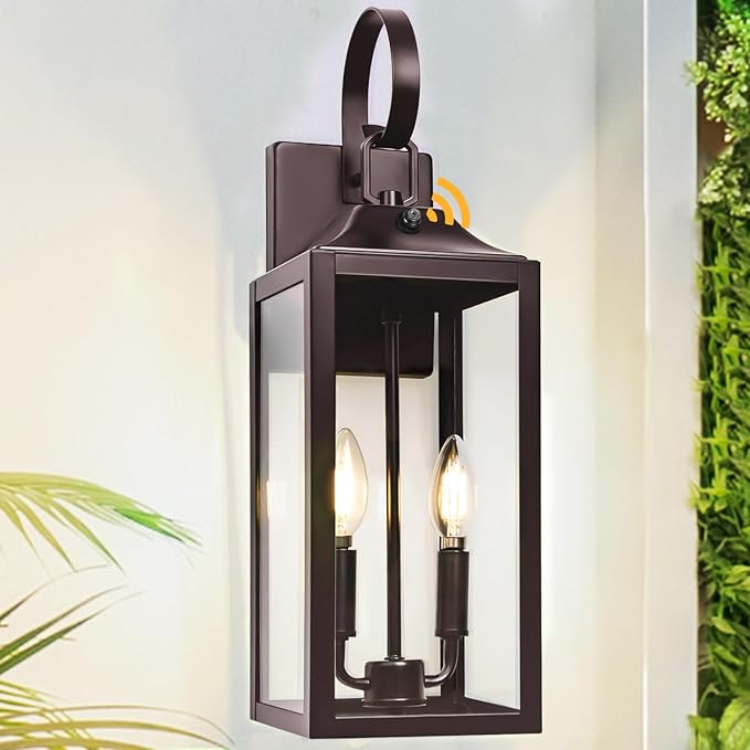 Oil Rubbed Bronze Dusk to Dawn Outdoor Wall Lighting, 19" Large Outside Modern Wall Sconce Lantern, Industrial Porch Light Wall Mount, Waterproof Farmhouse Exterior Lamp 2-Light Brown