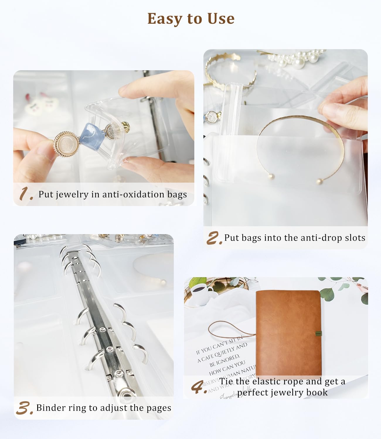 Jewelry Storage Book, Travel Jewelry Organizer with Anti-drop Pockets, Portable PU Leather Earrings Album with Transparent Bags for Rings, Bracelets(70 Grids+70 Anti-Oxidation Bags+10 Necklace Cards)