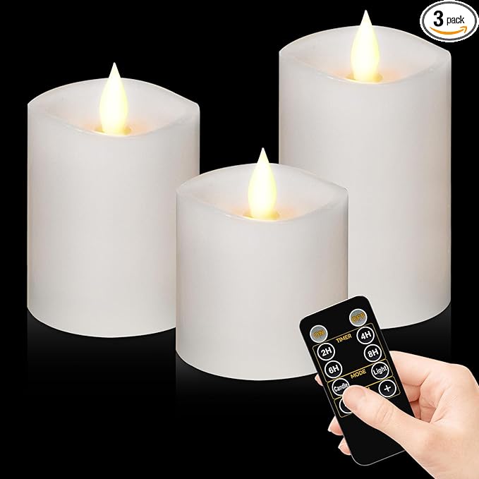 White Flameless Candles Set of 3 | 3 Diameter Realistic Flickering Pillars Candles (3/4/5 Heights) - Battery Operated with Remote Timer, Indoor/Outdoor Decor for Weddings, Fall & Cozy Home