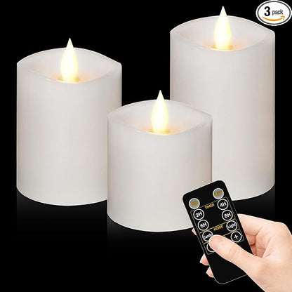 White Flameless Candles Set of 3 | 3 Diameter Realistic Flickering Pillars Candles (3/4/5 Heights) - Battery Operated with Remote Timer, Indoor/Outdoor Decor for Weddings, Fall & Cozy Home