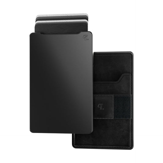 Groove Life Groove Magnetic Thumb Swipe Wallet Gun Metal/Black Leather Go Mens Minimalist Aluminum Credit Card Holder with RFID Blocking, Genuine Leather Attachment, Lifetime Coverage