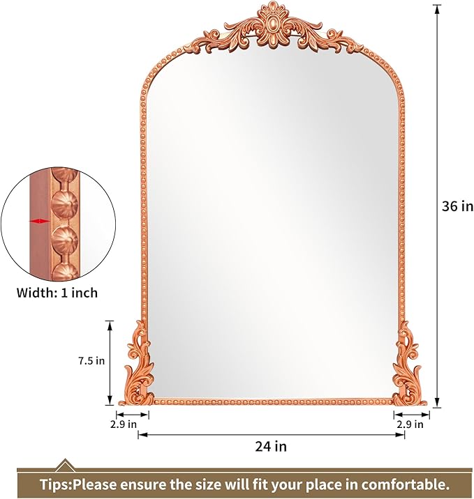 Growsun Arched Mirror, 24’’x36’’ Antique Baroque Traditional Ornate Wall Mirror Decor with Full Metal Frame for Fireplace/Entryway/Living Room/Bathroom