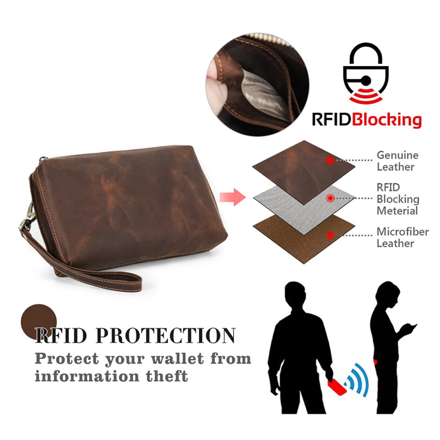 Top Grain Genuine Leather Clutch Wallet with Wristlet for Man & Woman, Handmade Simple Retro Vintage Design, Multi Pockets & Card Slots, RFID Large Capacity for Cards/ID/Checks/Banknote/Phone, Coffee