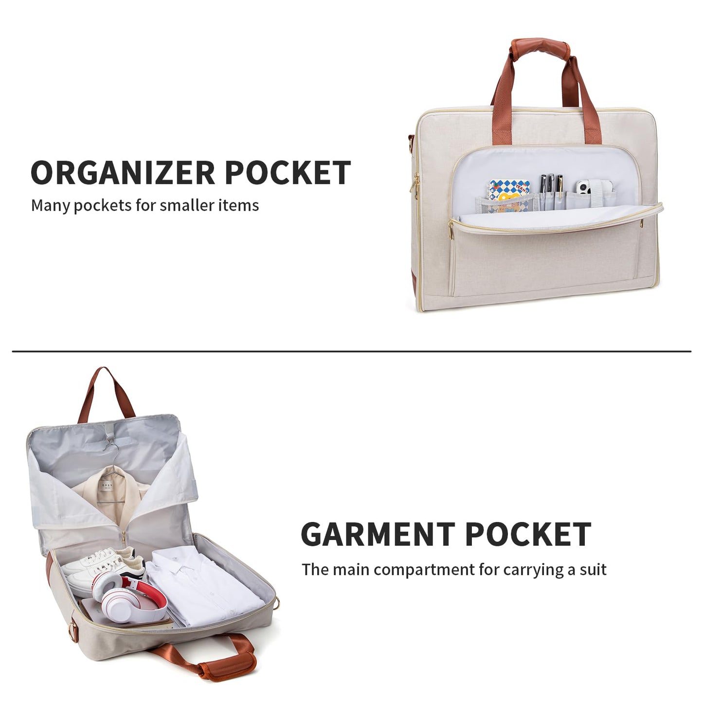 Garment Travel Bag for Women Carry on Garment Bag Up to 3 Suits for Business Trips,2 in 1 Hanging Suitcase Luggage Bags for Travel,Foldable Suit Bag 15.6Inch Laptop Beige