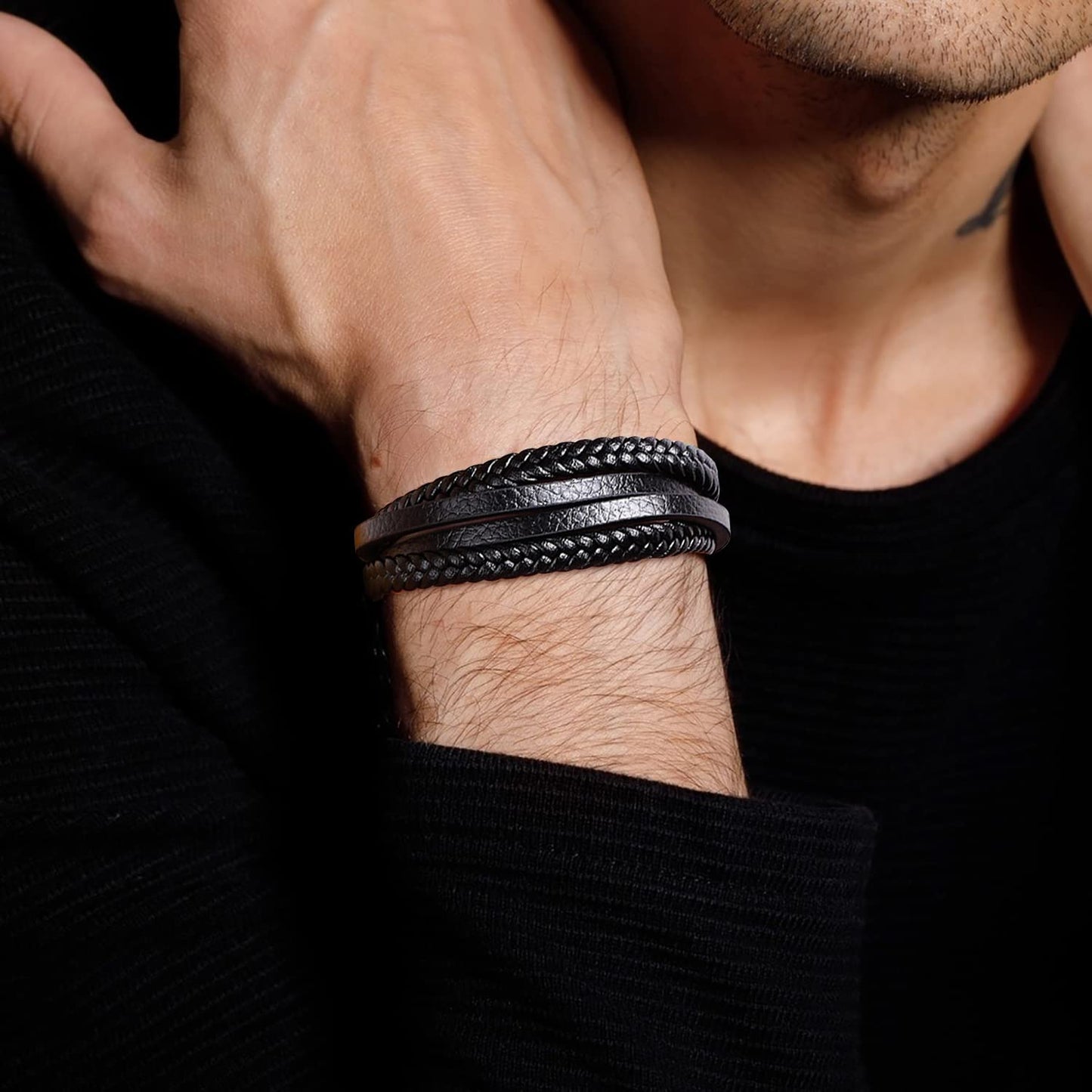 RIOSO 6 Pieces Mens Leather Bracelet Stainless Steel Multi-layer Braided Black Leather Bracelets for Men