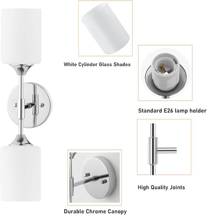 2-Lights Modern Wall Sconce White Cylinder Glass Shades Mid Century Bathroom Vanity Wall Light Fixtures Industrial Wall Lamp for Bedroom Mirror Living Room Restaurant(Chrome Color)