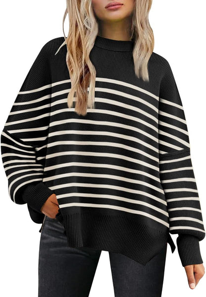 LILLUSORY Women's Oversized Batwing Sweaters 2025 Fall Outfits Trendy Crewneck Knit Side Slit Fashion Pullover Tops