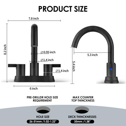 JAKARDA Two Handle 4 inch Black Bathroom Faucet, Bathroom Sink Faucet for 3 Holes with Pop-up Drain and 2 Supply Hoses, Lead-Free