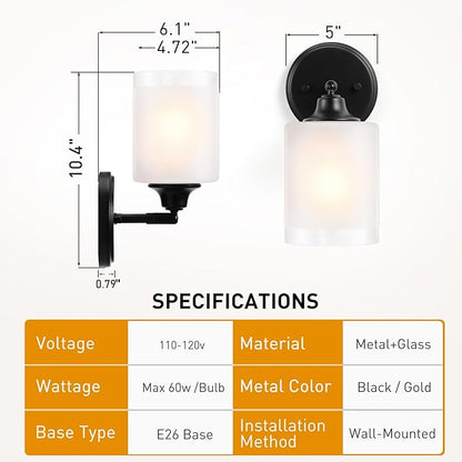 Wall Sconces Set of Two Bathroom Light Fixtures with Frosted Glass Shade, Modern Matte Black Wall Lights Vanity Lights, Sconces Wall Decor Set of 2 for Bathroom Bedroom Mirror (E26 Base)