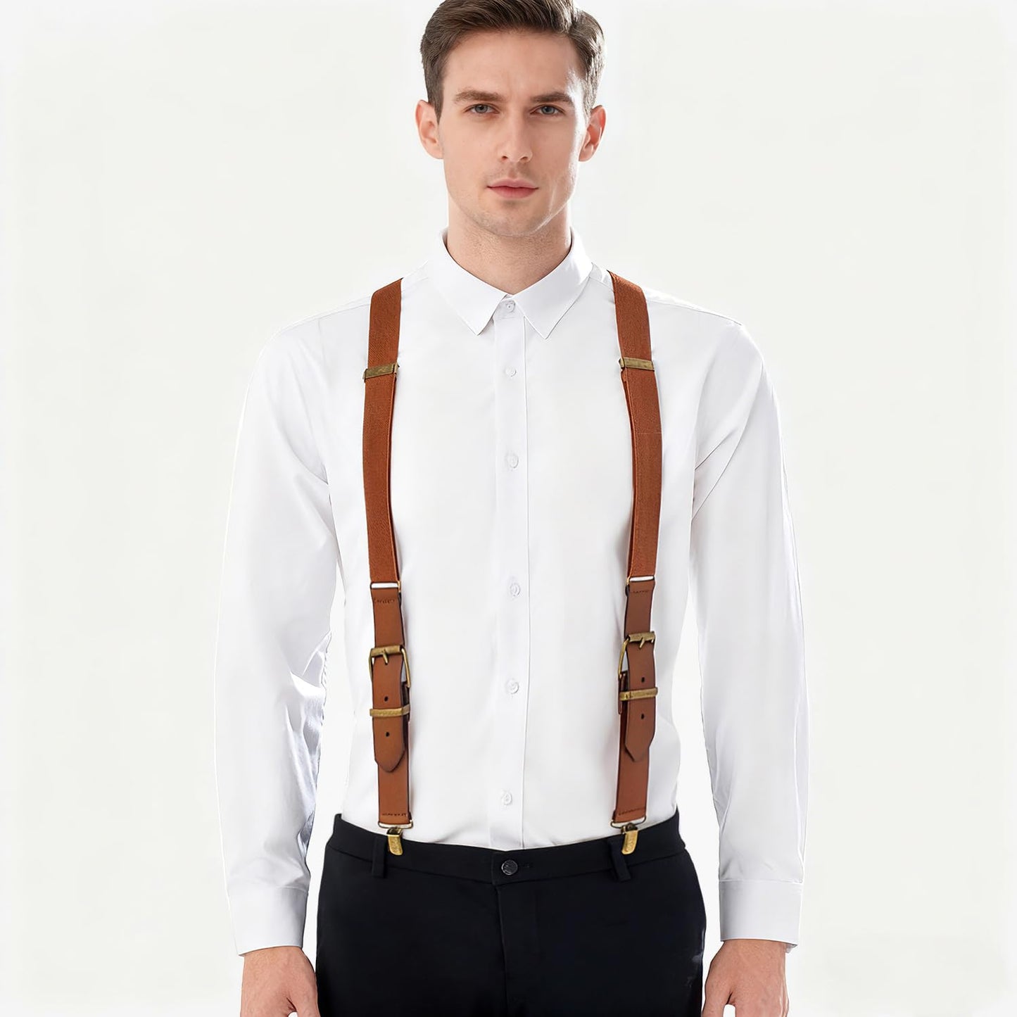 UPSONG Men's Y-Back 4 Metal Clip Elastic Suspenders Vintage Brown Braces Perfect For Both Casual&Formal
