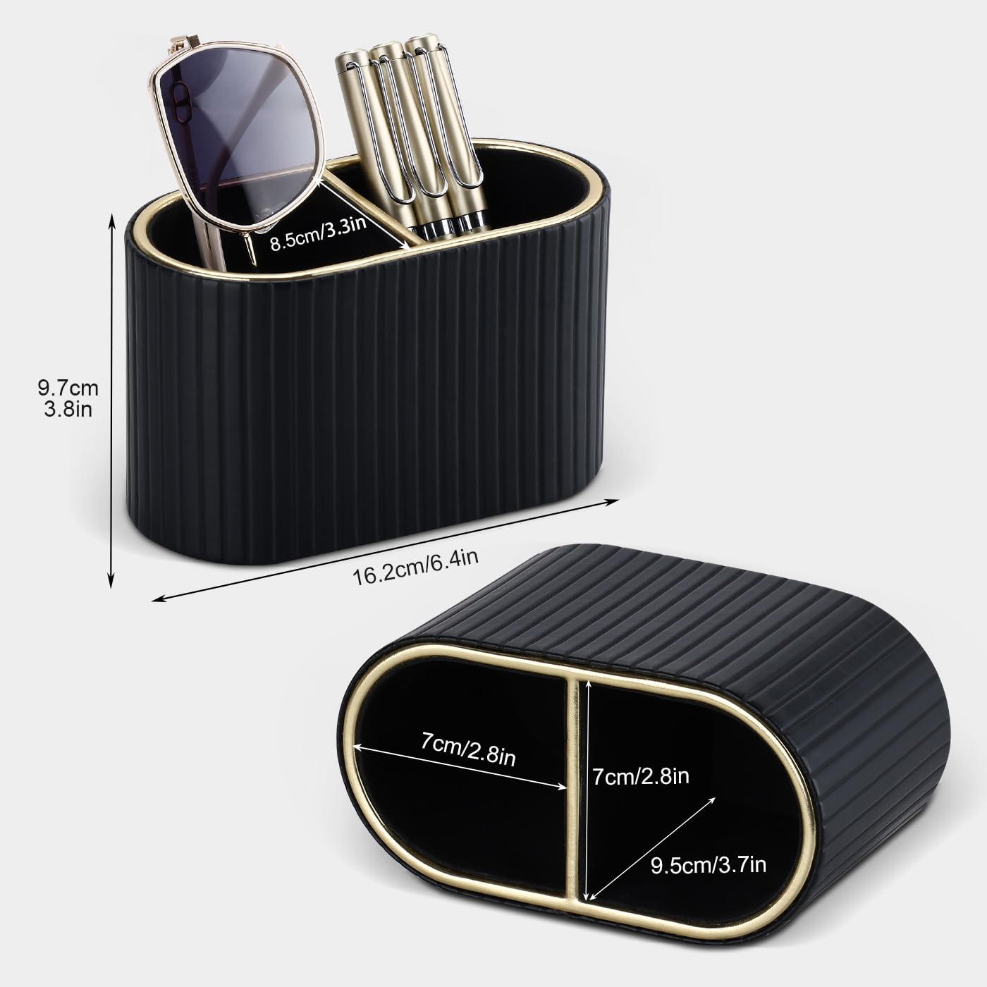 KINGFOM PU Leather Desk Organizer Pen Holder – Dual-Compartment Stylish Pencil Cup Remote Control Holder Desktop Supplies and Accessories Organizer Caddy for Office Home School (Black)