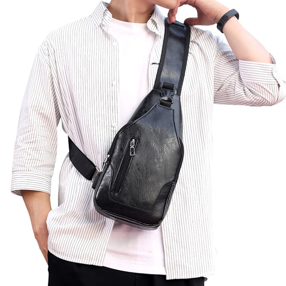 Peicees Leather Sling Bag Mens Crossbody Chest Bag Sling Backpack for Men with USB Charge Port