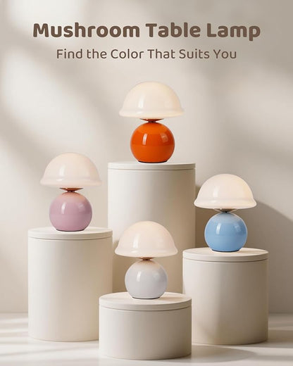 Mushroom Lamp Bedside Table Lamp for Bedroom, Cute Small Lamps with Glass Lampshade, Nightstand Lamp with Dimmer for Living Room Kitchen Apartments Offices Desk Shelves (Blue)