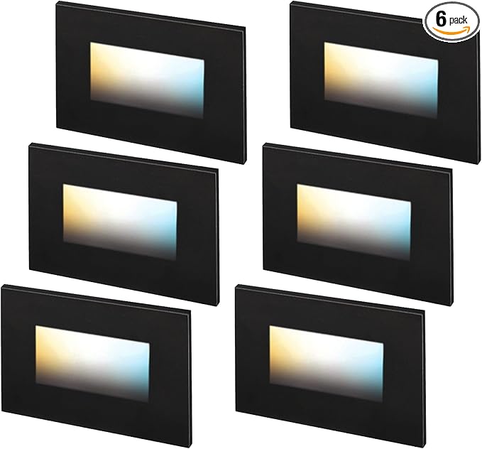 LEONLITE Black 5CCT 120V LED Step Lights, 3.5W 150LM 5%-100% Dimmable Horizontal Stair Lights Indoor Outdoor Wet Location, CRI90+ & ETL, 2700K/3000K/3500K/4000K/5000K, Aluminum, Pack of 6