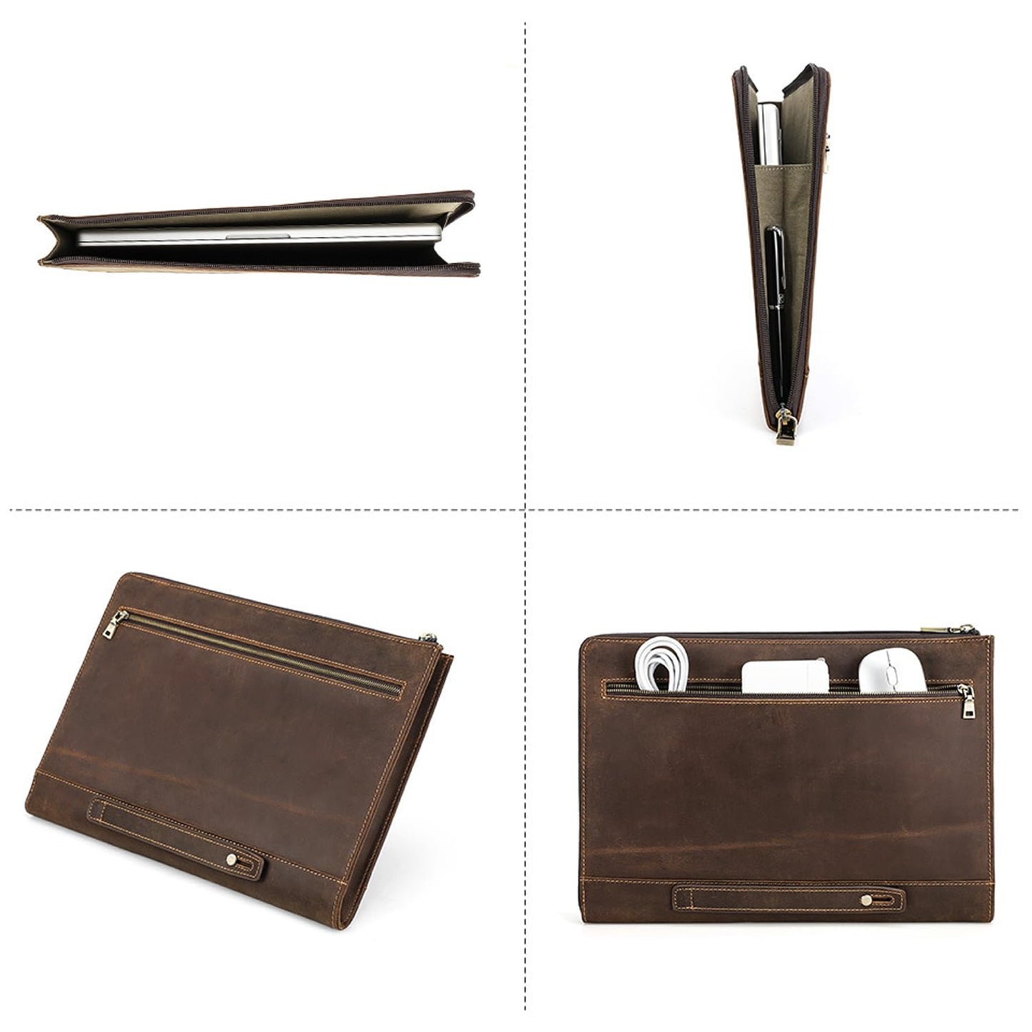 CataPurus Top Grain Leather 14.2" Slim Laptop 90° Zipper Bag, Vintage Design, Handmade, Compatible with MacBook Pro/Air 14"/13.3"/13.6" 2021 2022 M1 Pro/M1 Max A2442 & Other Laptop, Coffee 14.2 Inch