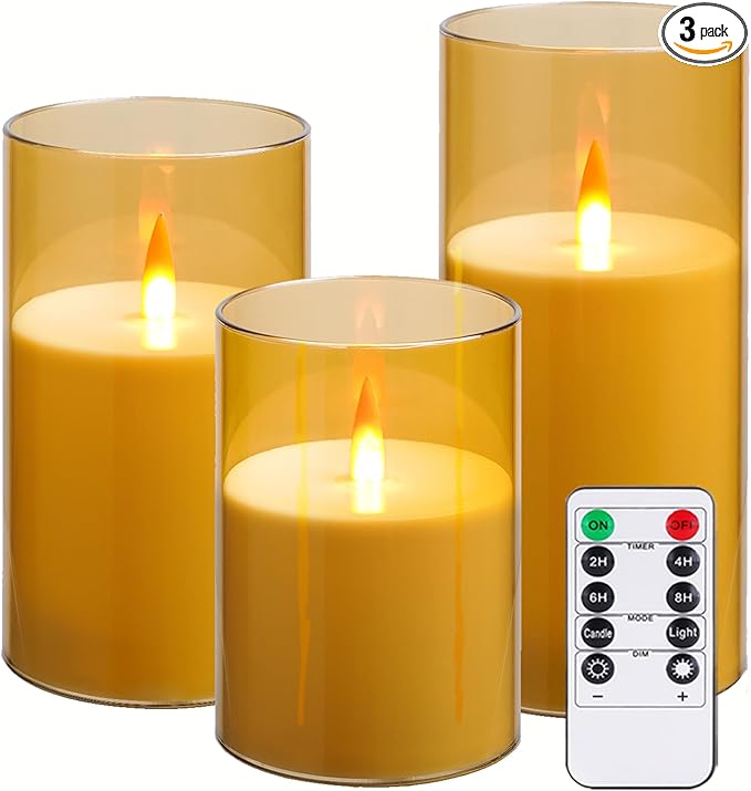 Upinmz Gold Acrylic Flameless Candles with Remote Control and Timers，Battery Operated Candles，LED Pillar Candles with Dancing Flame ，for Home Decorations ，Set of 3