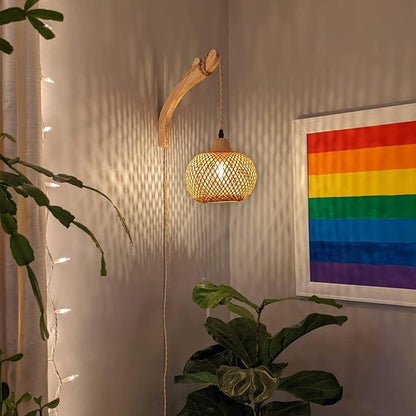 Frideko Bamboo Wall Sconces Set of Two Plug in, Boho Wall Lamp with Plug in Cord, Farmhouse Light Fixtures with 9.84FT On/Off Switch Cord, Rattan Sconces Lighting for Bedroom Living Room