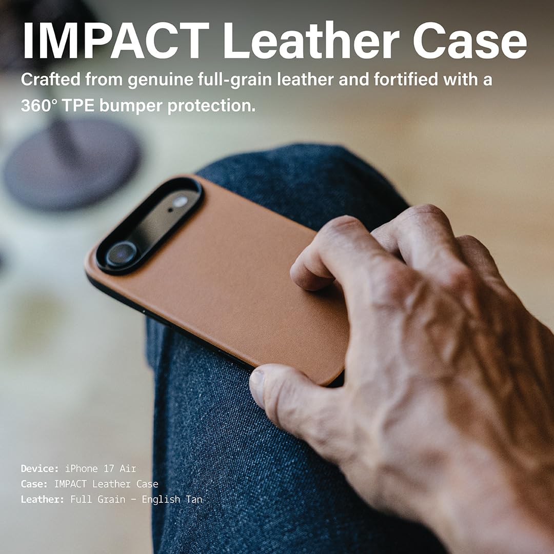 KORDIZ Impact Leather Case for iPhone 17 Air – Full-Grain Leather MagSafe Case with Camera Control Button – 360° Shockproof Bumper – Rugged Patina-Ready Protection – Slim Grip Cover (English Tan)