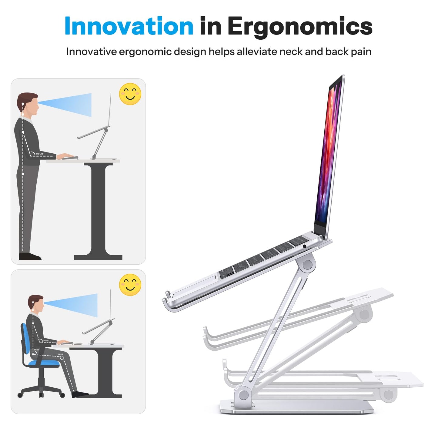 OMOTON Laptop Stand for Desk, Ergonomic Adjustable Computer Stand Aluminum Portable Desktop Laptop Riser Holder for MacBook Air Pro, Dell, HP and All Tablets Up to 15.6", Glossy Silver
