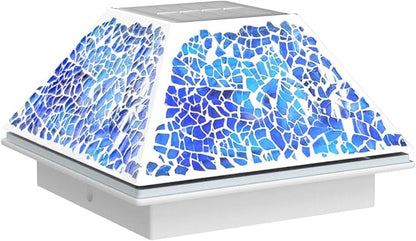 2PK Mosaic Solar Post Cap Lights Outdoor for 4x4, 3.5x3.5 Post Crackled Glass Deck Fence Lamp Weatherproof LED Light Decor in Garden, Yard, Outdoor Table, Balcony, Landscape- Cyan Blue
