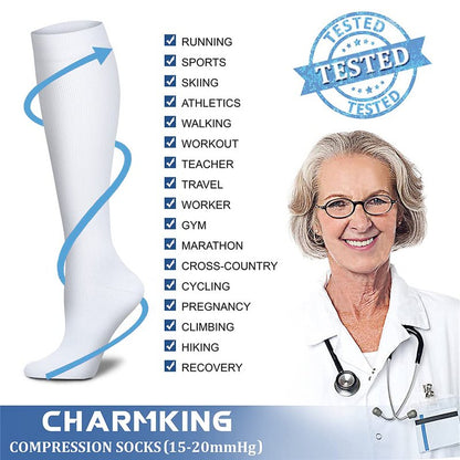 CHARMKING Compression Socks for Women & Men (8 Pairs) 15-20 mmHg Graduated Copper Support Calf Socks are Best for Pregnant, Nurses - Boost Performance, Circulation, Knee High Wide Calf(L/XL, White)