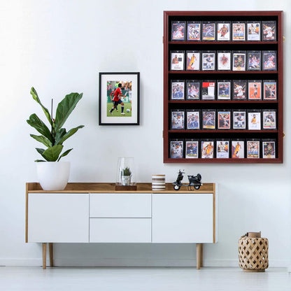 Temgee 35 Baseball Card Display Case - Lockable Sports Graded Card Display Case Wall Mount with UV Protection Acrylic Door for Baseball Basketball Football Hockey Trading Card Collection (Mahogany)