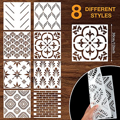 Herringbone Geometric Modern Wall Stencils Pattern Wall Decor Reusable Film Decorative for Painting, Stencils for Walls (Classic Style), 8 Pieces, 12 x 12 Inch