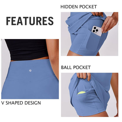 PINSPARK Skorts for Woman High Waisted Tennis Skirts with 2 Pockets Tummy Control Lightweight Performance Active Golf Skirt，Blue XXL