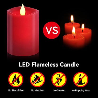 3x4 inch Red Flameless Candles: Realistic Flameless LED, Battery-Powered Pillar Candles with Remote & Timer, Fake Candles for Fall Decor, (Red, 3"*4"-1pcs)