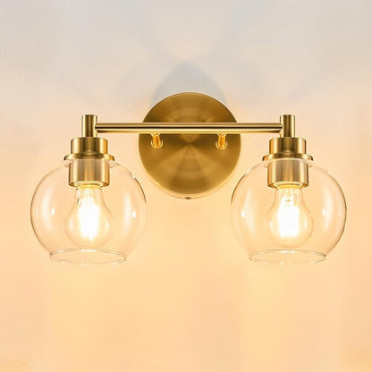 VONLUCE Bathroom Light Fixtures, 2-Light Vanity Light with Globe Glass Shades E26 Sockets, Bathroom Lights Over Mirror for Bedroom Hallway Living Room, Gold Finish