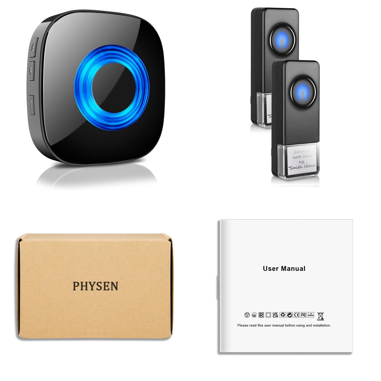 Wireless Doorbell - PHYSEN Door bell Chimes with Mute Mode - 58 Ringtones&5 Volume Levels Operating at 1300-ft Range LED Strobe, 2 Transmitters+3 Receivers Waterproof Doorbell Kit for Home/Classroom
