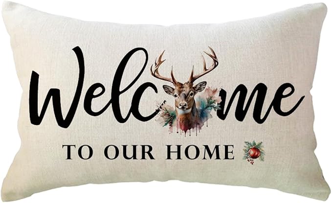 Winter Welcome Throw Pillow Covers 12 x 20 Inch Farmhouse Seasonal Holiday Decorative Lumbar Pillowcases with Rustic Deer Design Cushion Covers for Front Porch Decor (Reddish Brown)