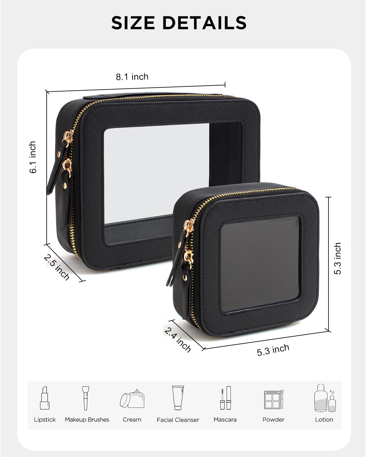 KOTORA Clear Makeup Bag Organizer Set,Portable Travel Toiletry Case for Women, Vegan Leather Cosmetic Pouch Car Bag for Essentials Car Make Up Bag Organizer Storage Traveling (Black)
