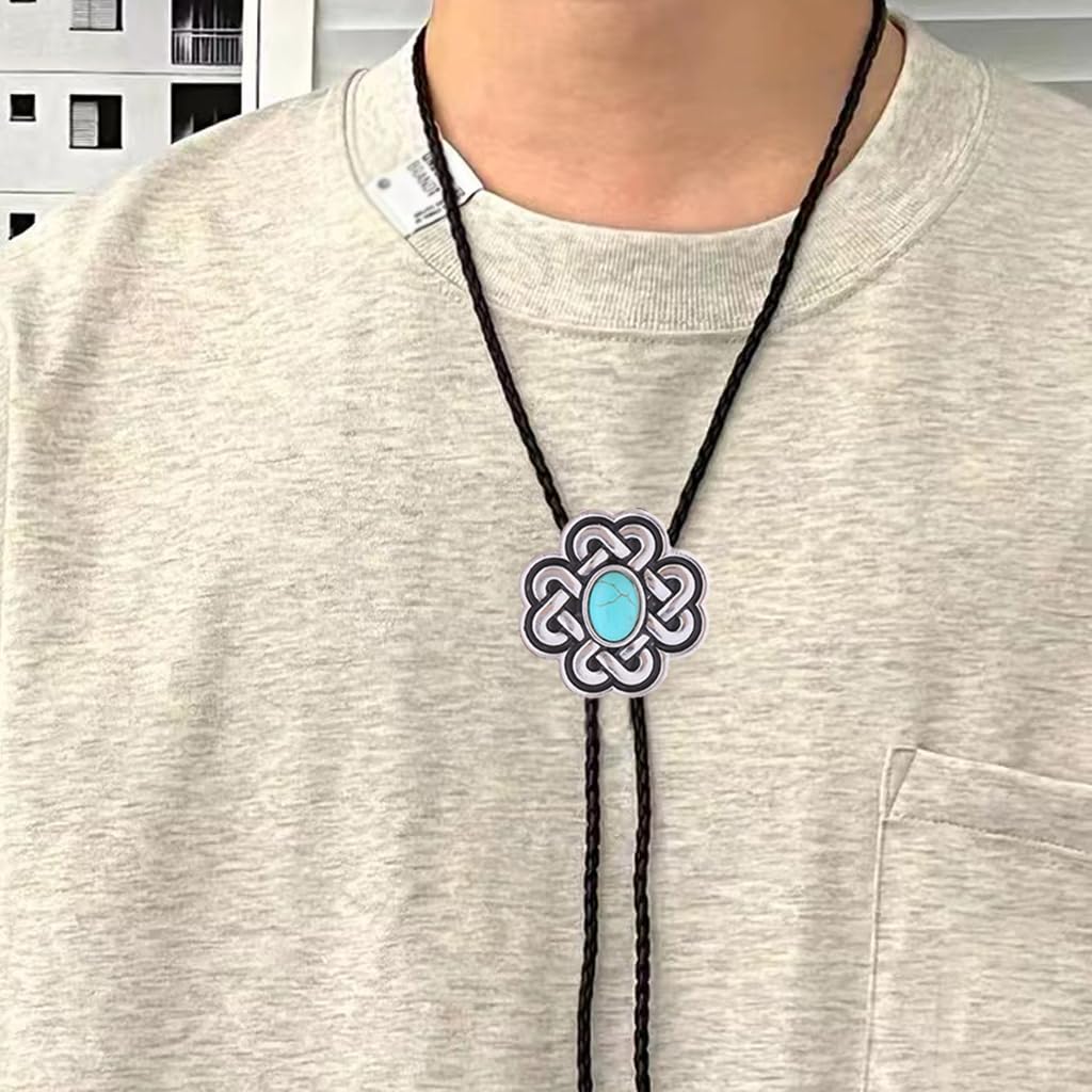 Bjesinmo Western Bolo Tie for Men Vintage Turquoise Bolo Tie Flower Women Rodeo Cowboy Leather Necktie Accessories