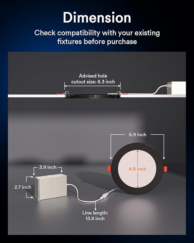 Lumary Black Smart Recessed Lighting 6 Inch, Color Changing LED Recessed Lights with J-Box 13W 1000LM, Dimmable Canless Wafer Downlight, Compatible with Alexa/Google Assistant, ETL Listed, 1 Pack