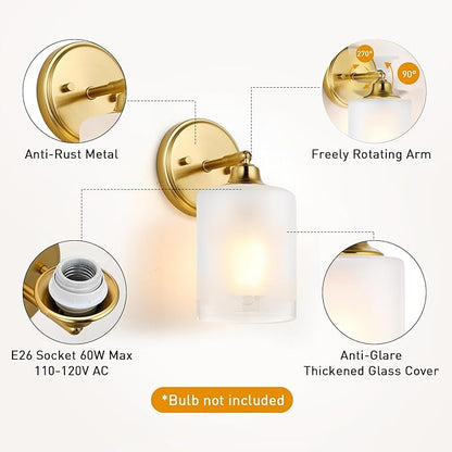 Gold Bathroom Wall Sconces Set of Two, Modern Vanity Light Fixtures with Frosted Glass Shade, Bathroom sconces wall decor set of 2 for Bedroom Living Room Mirror Hallway Kitchen(Bulbs Not Included)