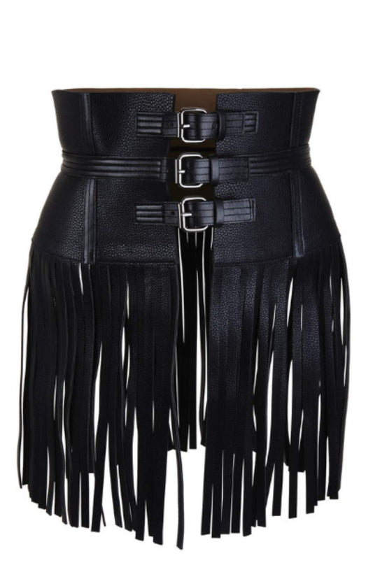 Lishow Fashion Woman's Genuine Black Leather Fringe Obi Sash Wrap Tie Plus Size Corset Waist Cincher,s Wide biker Leather Belt (Black, 5XL(41-42'Waist))