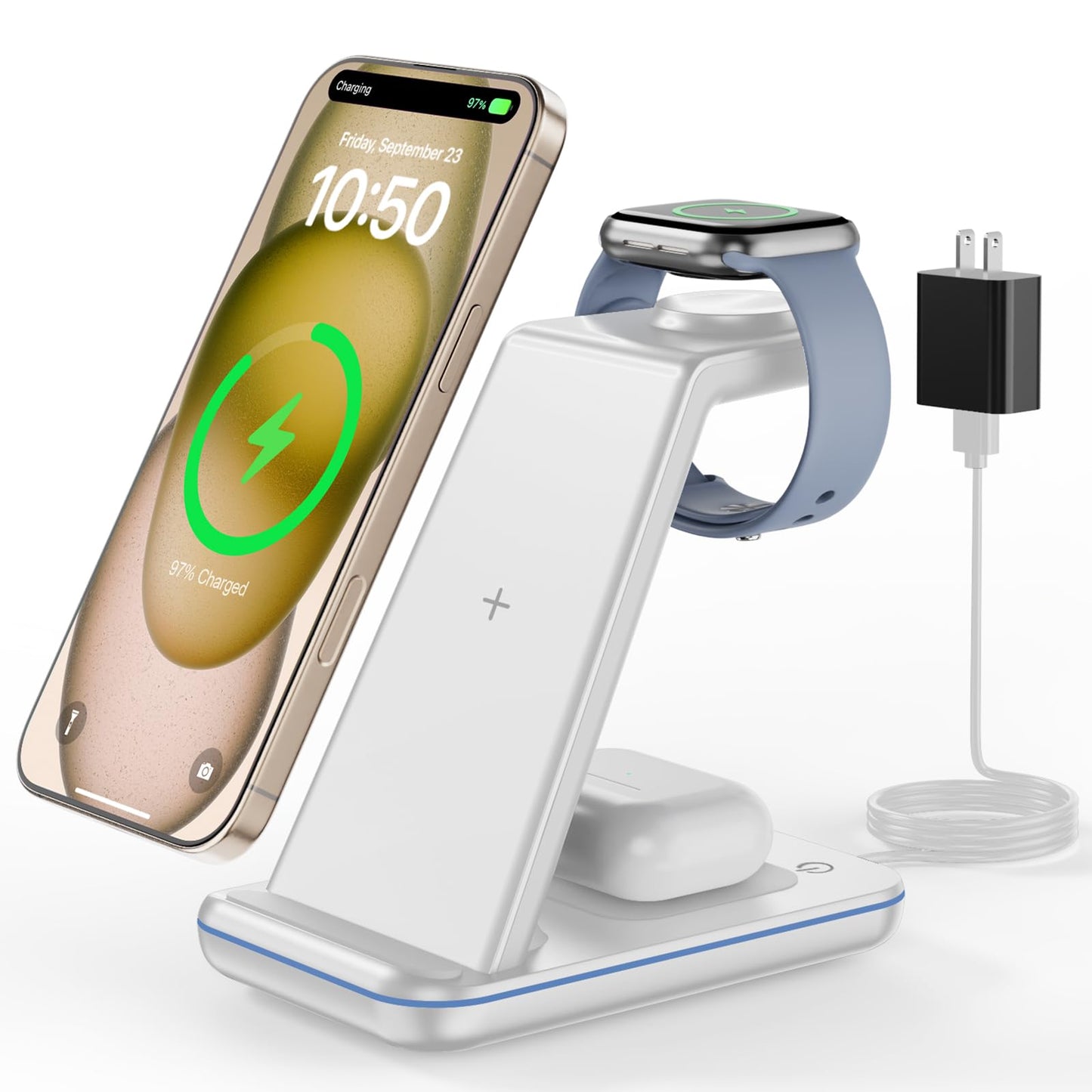 Wireless Charging Station for Apple - 3 in 1 Wireless Charger Stand Dock Watch and Phone Charger Station for Apple Watch 11/8/7/SE/6/5/4/3/2, iPhone 17 16-12 Pro Max SE XS X, Samsung, AirPods Pro/3/2