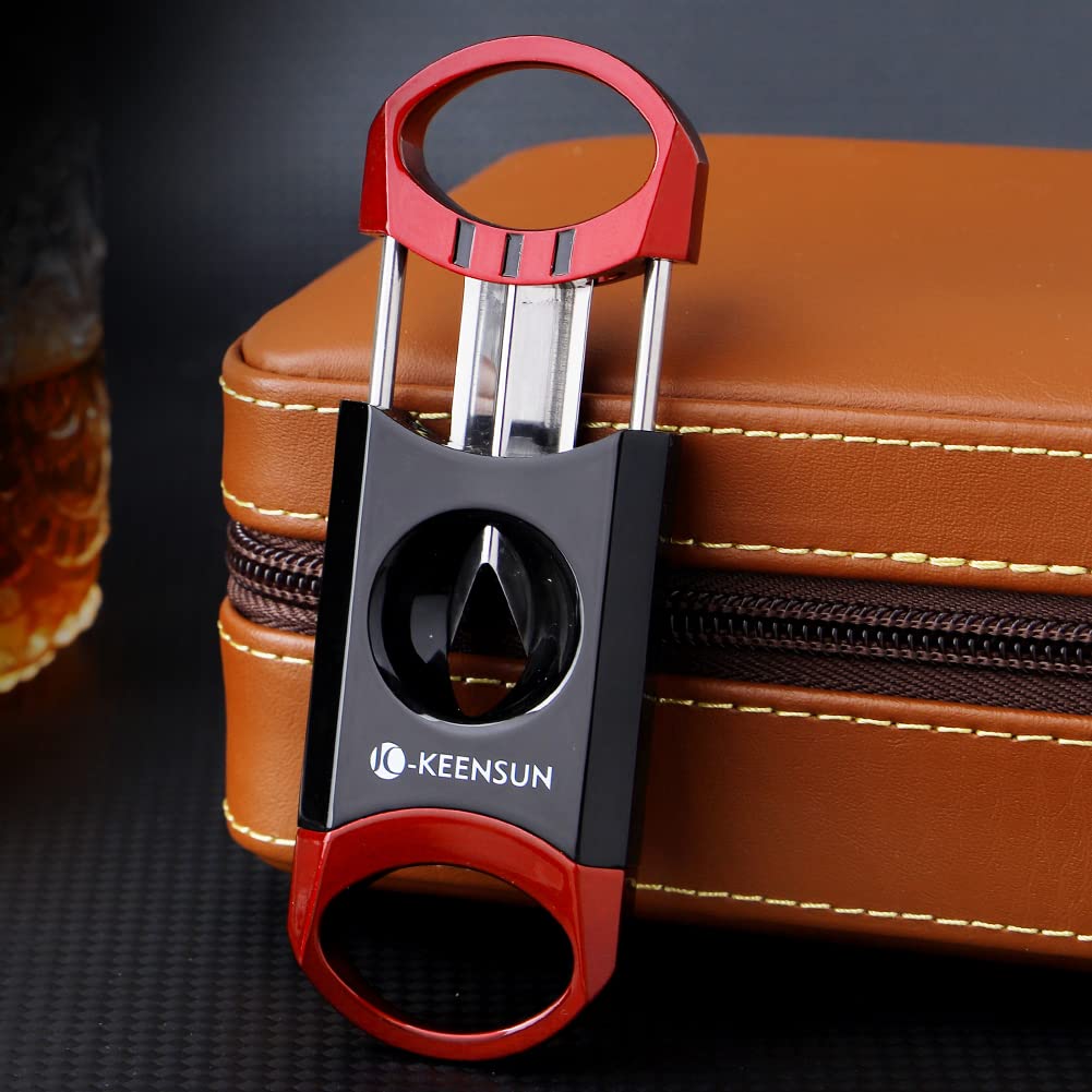 KEENSUN Zinc Alloy V-Cut Cigar Cutter (Red and Black), 60 Ring Gauge, 420J2 Stainless Steel V-Cut Blade & Cigar Holder (2 in 1) in Gift Box