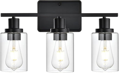 Bathroom Vanity Light,3-Light Modern Black Bathroom Light Fixtures with Clear Glass Shade,Wall Lamps for Living Room,Bath Vintage Wall Mounted Lights for Mirror,Bedroom