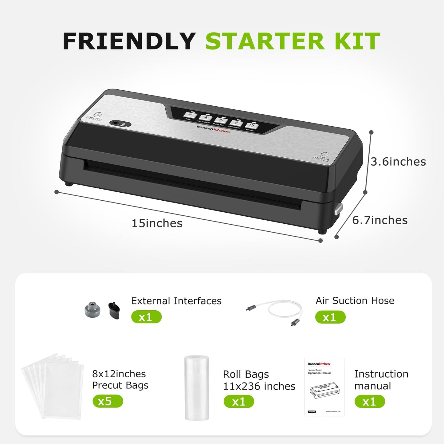 Bonsenkitchen Vacuum Sealer Machine, Built-in Cutter | Multifunctional Food Sealer for Sous Vide & Meal Prep, 5 Pre-Cut Bags, Black