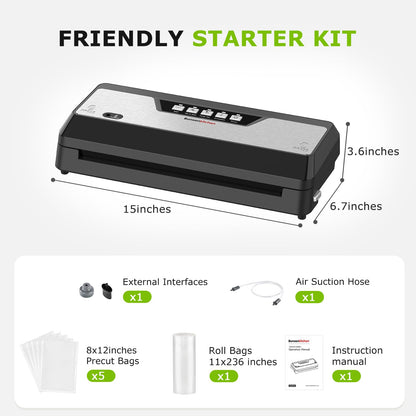 Bonsenkitchen Vacuum Sealer Machine, Built-in Cutter | Multifunctional Food Sealer for Sous Vide & Meal Prep, 5 Pre-Cut Bags, Black