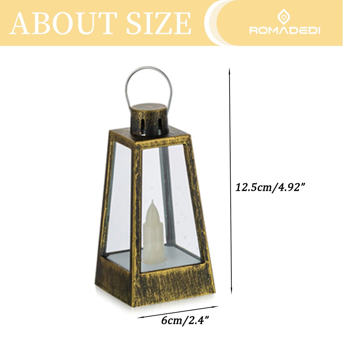 Romadedi Mini Decorative Lantern for Centerpieces - 10 Pcs Small Gold Candle Lanterns with Flickering LED Candles for Wedding Table Decor Christmas Party Halloween, Battery Included