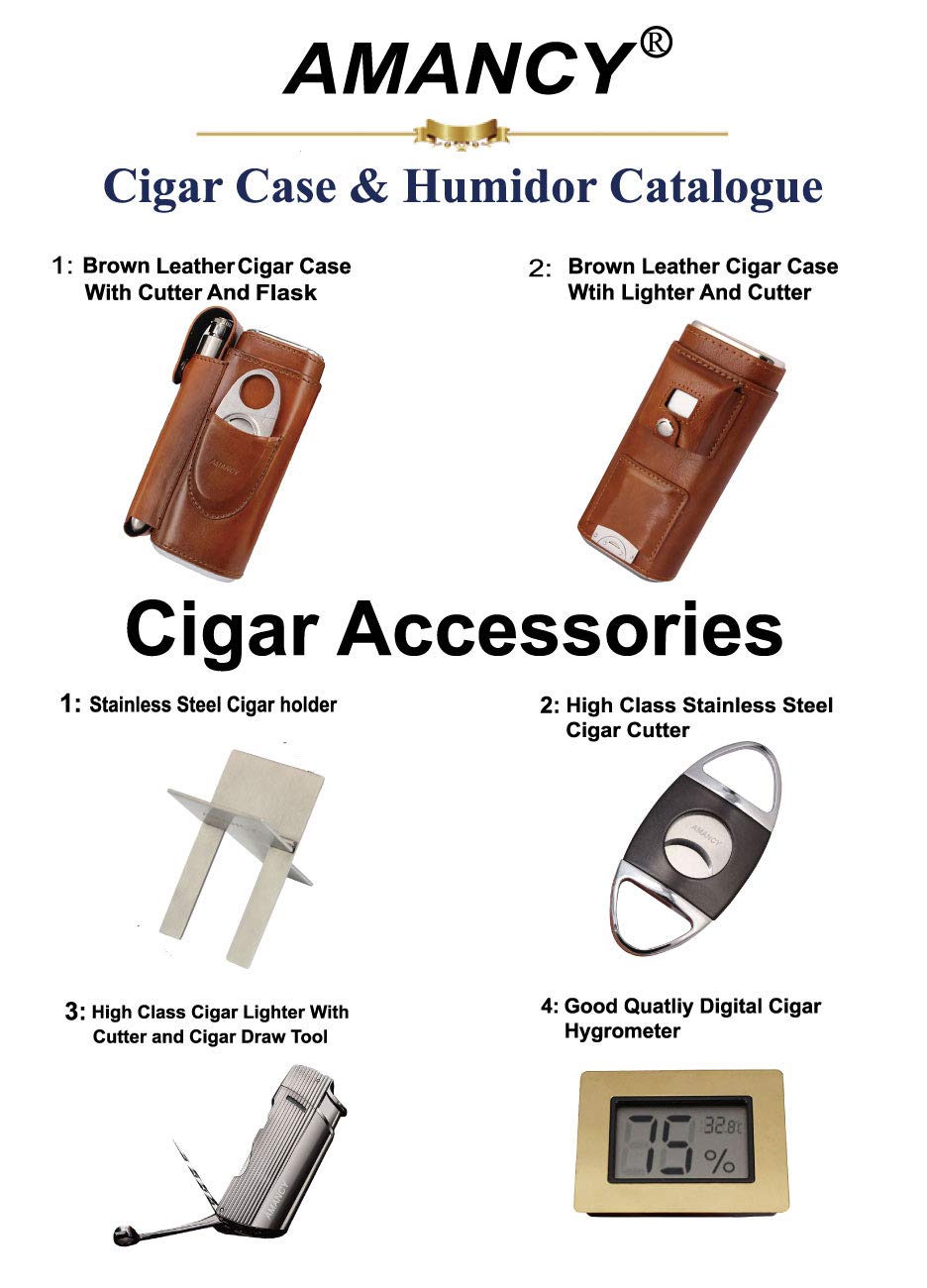 AMANCY Classic Black Leather 3 Fingers Cigar Case with Cedar Wood Lining, Jacket Pocket Suitable Travel Cigar Humidor Holder Silver Stainless Steel Cutter Contained