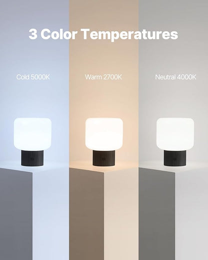 Halo Mushroom Lamp, 5W Cute Cordless Rechargeable Table Lamp with Glass Shade, 3 Color Temps LED Dimmable Ambient Lighting, Small Retro Touch Bedside Light for Bedroom Decor, Black