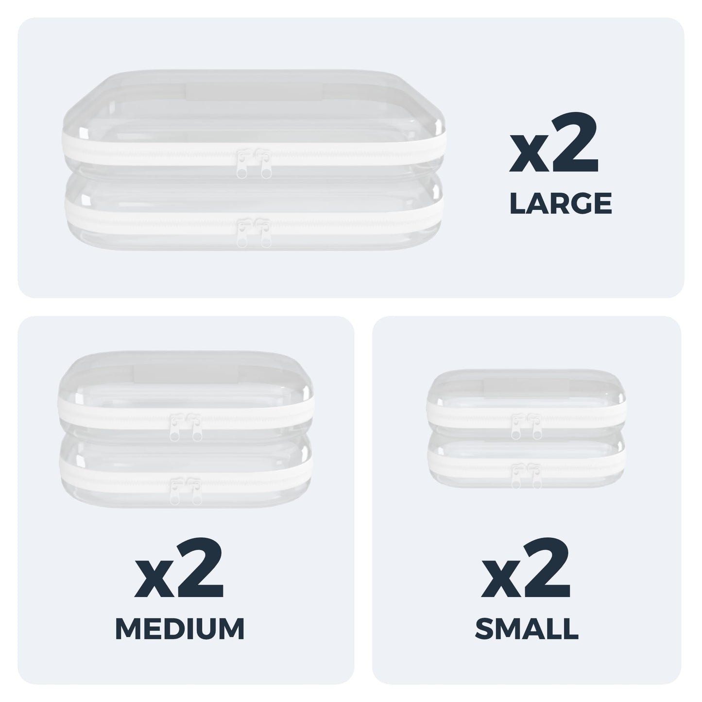 Extra Large 13.7" Heavy Duty Clear Hard Shell Zipper Case 6 Pack, 2x Large, 2x Medium, 2x Small, Clear Travel Makeup Case, Hard Plastic Travel Toiletry & Cosmetic Bag, Toy & Make Up Organizer Pouch