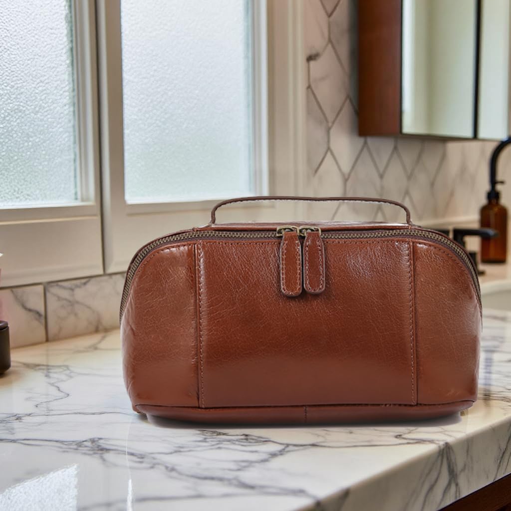 KomalC Luxury Leather Men’s Toiletry Travel Bag – Handmade Shaving Kit with Waterproof Interior, Spacious Storage & Carry Handle – leather travel Kit Bag for Men & Women (Wine)