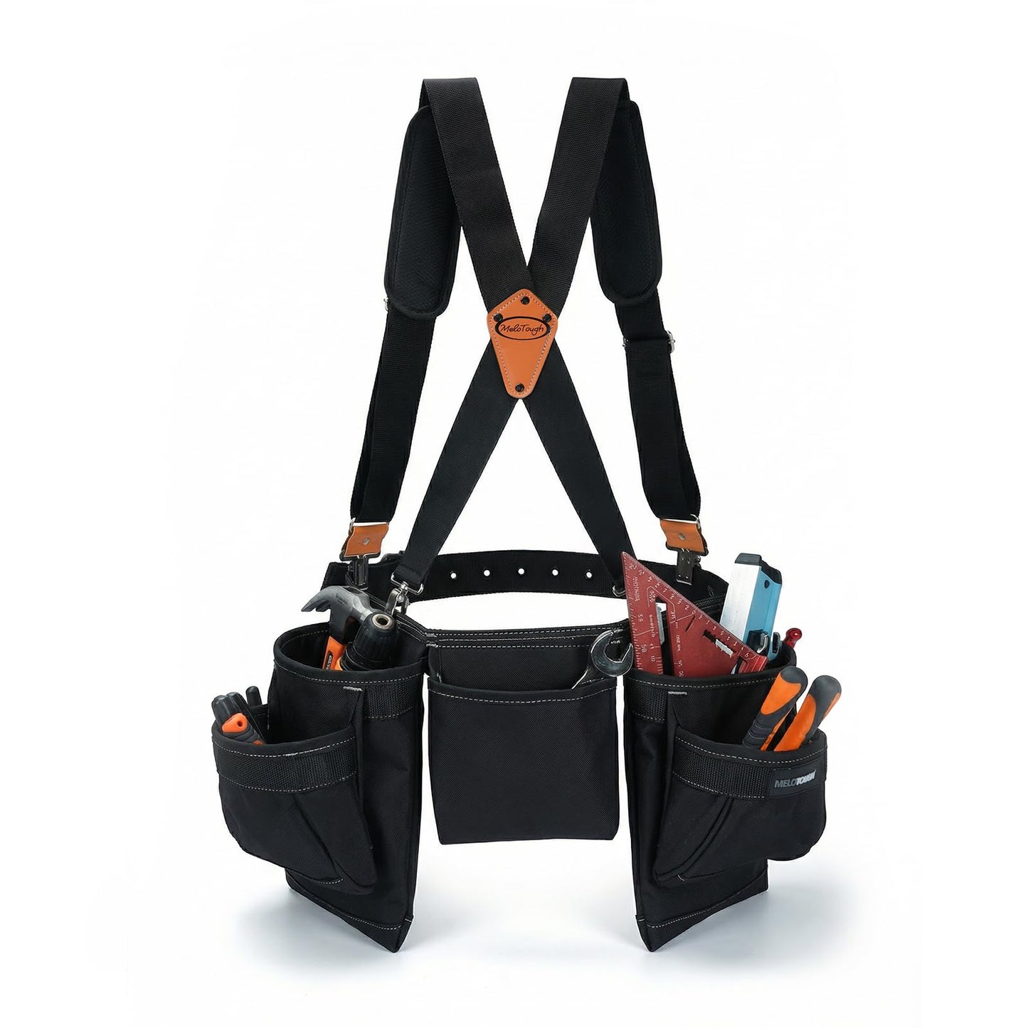 MELOTOUGH 14-Pockets Professional Tool Belt with Suspenders,Heavy Duty Tool Bag and Pouch Combo for Carpenters,Construction,Electricians(Black, 33''-49'')