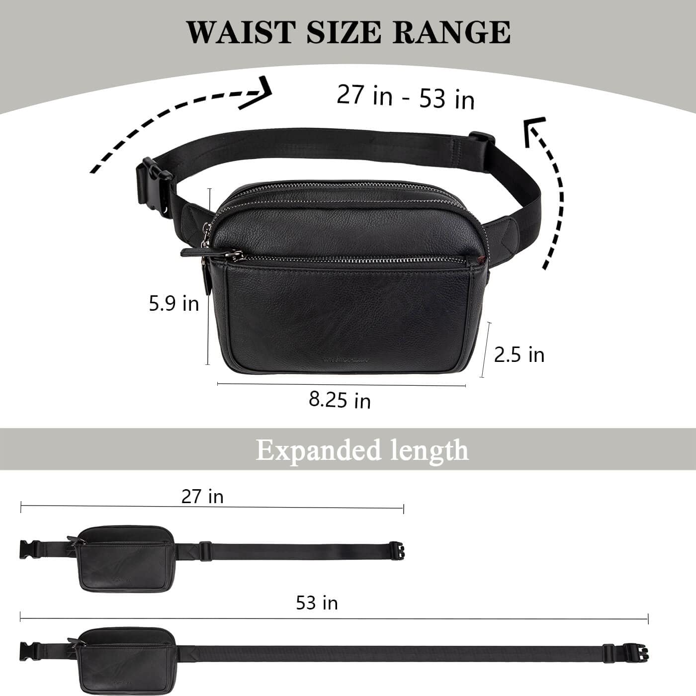 Fanny Packs for Women, Leather Vegan Belt Bag Crossbody Waist Bag Adjustable Strap, Large Fashion Everywhere Belt Bag, Black