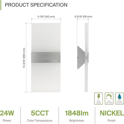 ASD 14 Inch LED Indoor Wall Sconce - Modern Interior 24W 120V 2700K-5000K Adjustable Dimmable Wall Mounted Light Fixtures, Acrylic Glass Wall Lights for Stairway, Hallway - ETL, Brushed Nickel 2 Pack